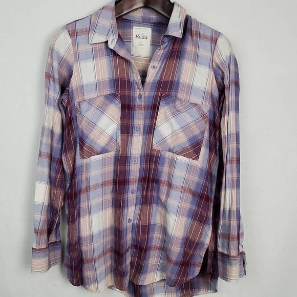Mudd Juniors Medium Plaid Button Front LS Top - Picture 1 of 5